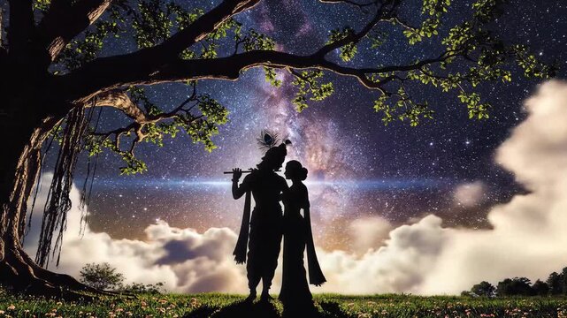 Radha and krishna Silhouette under Starry Night Sky with Flute