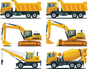 Construction equipment illustration set, detailed truck dumper excavator mobile crane and dozer for building, engineering, and industrial projects. © Nicholas