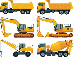 Construction machinery vehicles illustration set, detailed truck dumper excavator mobile crane and dozer for engineering, building, and industrial projects. © Nicholas