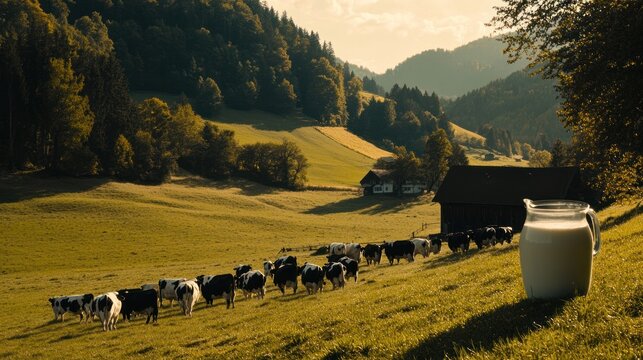 Dairy farm cows graze hillside, milk jug foreground, rustic valley background