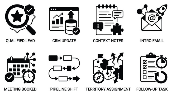 Set of 8 Icons for sales and CRM tasks: qualified lead, CRM update, context notes, intro email.