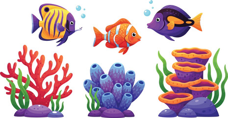 Fototapeta premium Colorful cartoon fish and coral reef illustration Vector