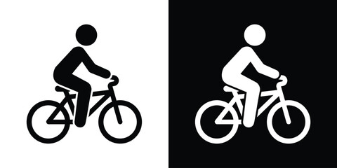 Obraz premium Minimalist cyclist icon featuring a person riding a bicycle. Vector graphic illustration suitable for bike lanes, transport signage, or sports design, isolated on black and white background.