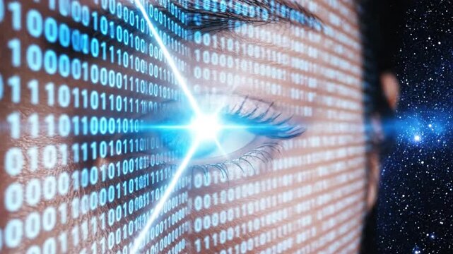 A womans face covered with binary code on a video screen against a starry night sky background