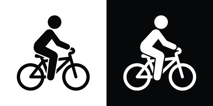 Minimalist cyclist icon featuring a person riding a bicycle. Vector graphic illustration suitable for bike lanes, transport signage, or sports design, isolated on black and white background.