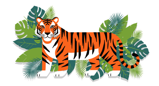 Flat vector tiger surrounded by green tropical jungle foliage