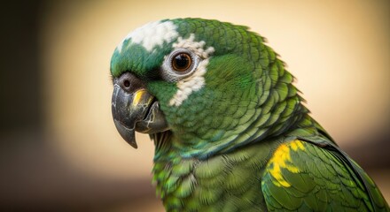 Fototapeta premium Close up of a green parrot with white and yellow markings on its head bird