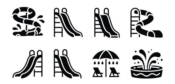 Water slide icons illustration, black silhouette set for aqua park attractions, summer recreation, and leisure entertainment design.