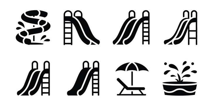 Water park slides icons illustration set, black silhouette symbols for aqua park attractions, summer recreation, and leisure entertainment design.