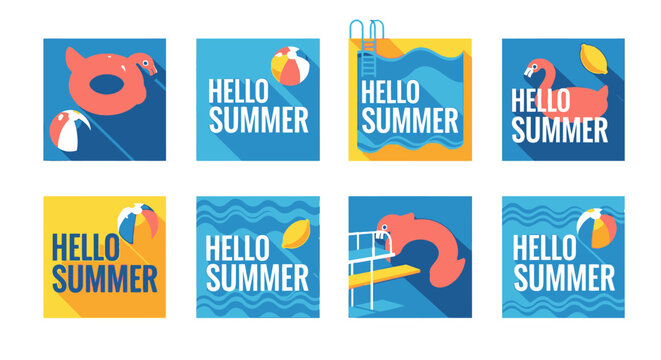 Hello summer flat icon set with flamingo and beach balls