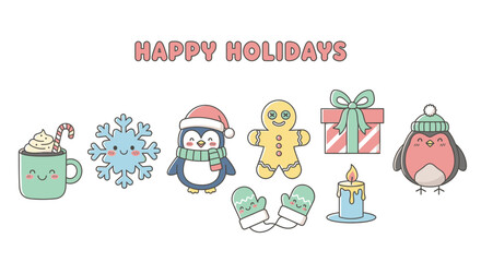 Fototapeta premium Kawaii Christmas holiday character illustrations on white background