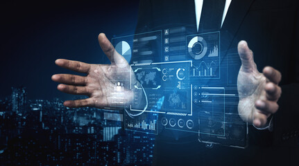 Naklejka premium A comprehensive business intelligence dashboard for data analysis. The interface displays global metrics, team performance charts, and financial reports for strategic planning. Fermion