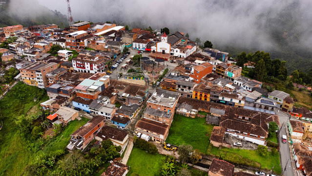 Angel&oacute;polis, Antioquia - Colombia. January 12, 2026. Aerial drone view. It is one of the 125 municipalities in the department.
