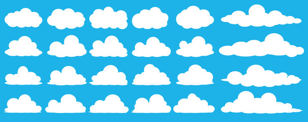 Fototapeta premium set of vector illustrations of clumpy clouds, cloud bubbles in flat style on a blue background