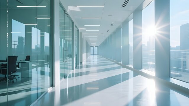 Long office corridor with glass panels and strong sunflare hitting the floor, modern architecture, perspective view