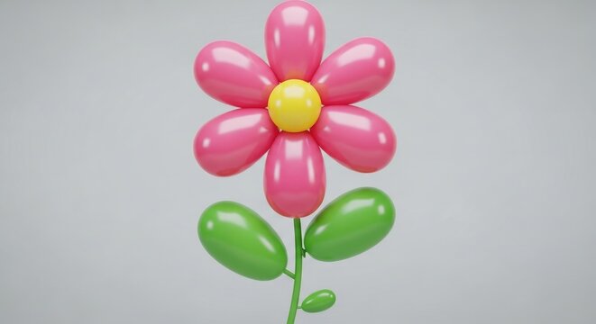 Pink balloon flower with yellow center and green leaves on a plain background