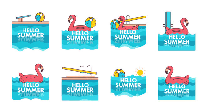 Hello summer swimming pool icon set with flamingo floats