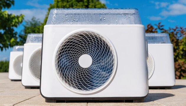 Stacked medium shot of portable air conditioners with clear summer labels foreground unit highlighted with background units fading softly.