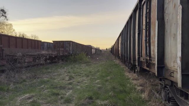 Line of rusty freight train cars landscape panning