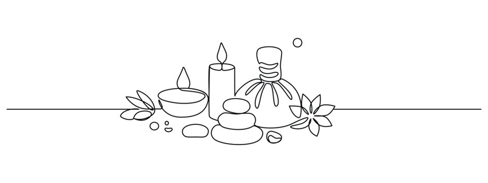 One continuous line drawing of wellness and spa treatment. Candle stones and lotus flower for zen and balance concept in simple linear style for relaxation therapy concepts. Vector illustration