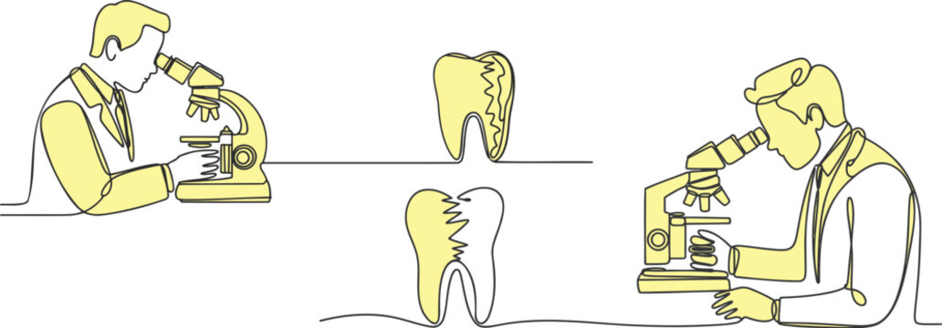 Continuous line of dentists using microscopes to examine damaged teeth in a clinical setting with yellow highlights on a white background for medical