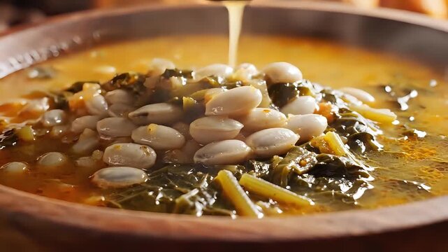 Hearty White Bean and Greens Stew Served in Rustic Bowl.
