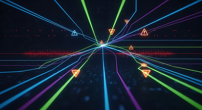 Abstract digital network with glowing lines, warning symbols, and data streams, dark futuristic background