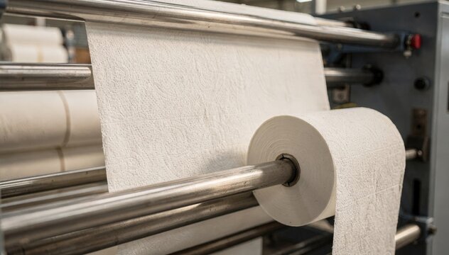 Medium shot of large recycled toilet tissue rolls being slit and rewound showcasing ecofriendly production with textured embossing for sustainable soft paper products.