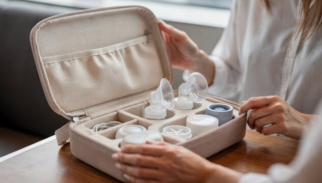 Crisp shot of a stylish discreet carry case being opened revealing a sanitized breast pump inside emphasizing convenience and discreet usage on the go.