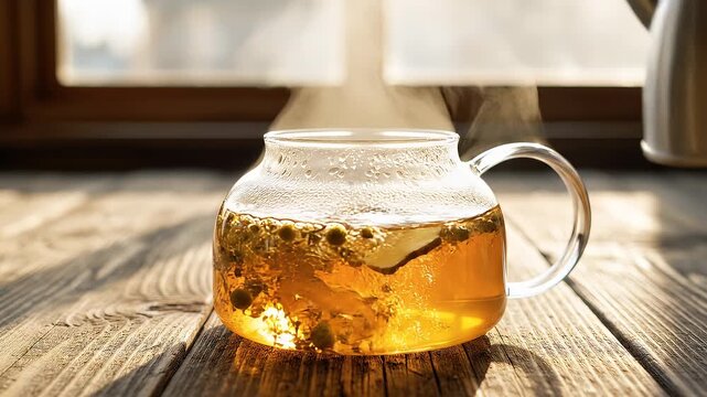 A serene morning glow illuminates a clear glass teapot filled with steaming herbal infusion, resting on a rustic wooden table, creating a warm and inviting atmosphere for a healthy drink