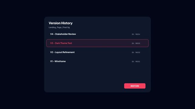 Contemporary user interface screen showcasing a version history panel with detailed project iterations and a restore option for managing software development workflows effectively