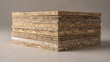 Fototapeta premium Medium shot of fiberrich recyclable multilayer stacks showcasing engineered layers designed for enhanced barrier properties and easy repulping in sustainable packaging.