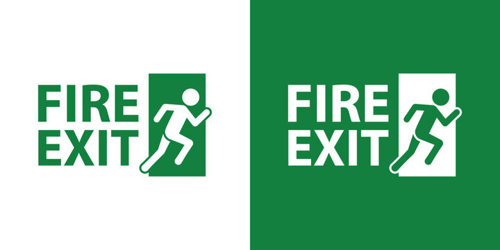 Standard Fire Exit sign featuring a running human figure. Essential vector icon for fire safety compliance, building navigation, and emergency evacuation protocols. Clean green and white design.