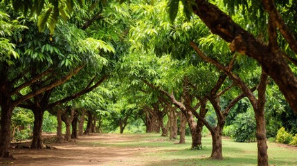 Fototapeta premium Lush Green Tree Garden Pathway Surrounded by Vibrant Foliage in a Tranquil Natural Setting Ideal for Relaxation and Outdoor Activities