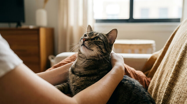 Affectionate tabby cat receiving gentle petting from human hands indoors