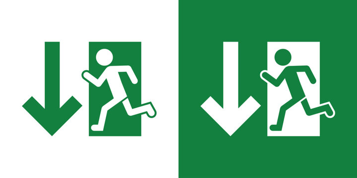 Emergency evacuation sign with a running person and a downward arrow. Essential vector icon for directing traffic toward exits in public buildings. Professional green and white flat design.