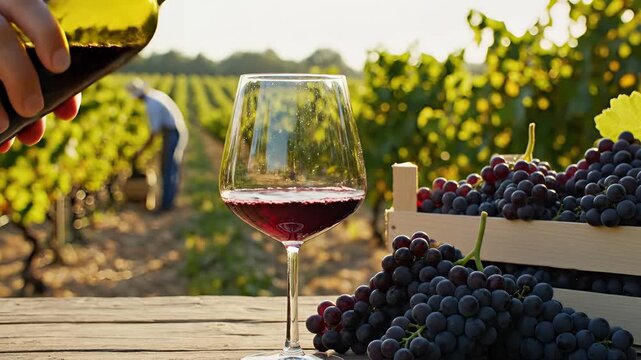 Pouring Red Wine into a Glass at a Vineyard During Harvest.