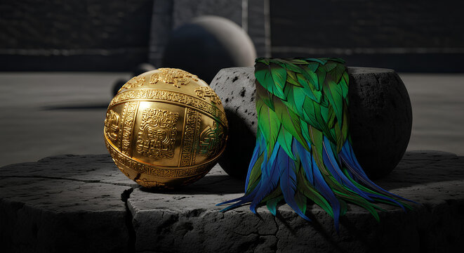 Chimu Gold Ritual Sphere and Quetzalcoatl Feather Scarf Detail