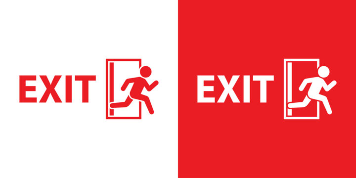 Fire exit sign design. Features a running human figure icon and text "EXIT" in bold. Professional vector illustration on white and red backgrounds. Standard industrial safety warning symbol.