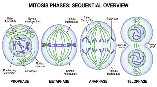 Cell mitosis phases scientific illustration showing prophase, metaphase, anaphase, and telophase with detailed chromosomal structures