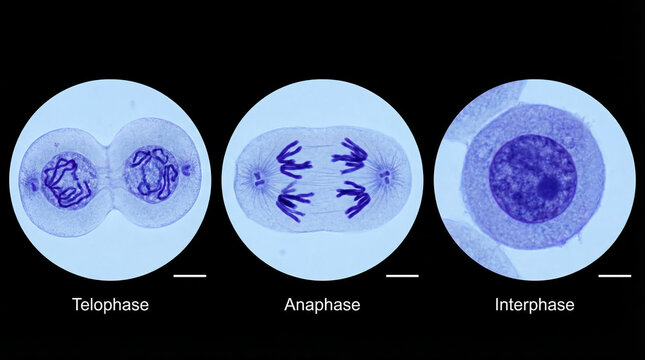 Human cell division stages under microscope showing telophase, anaphase, and interphase with phase contrast imaging