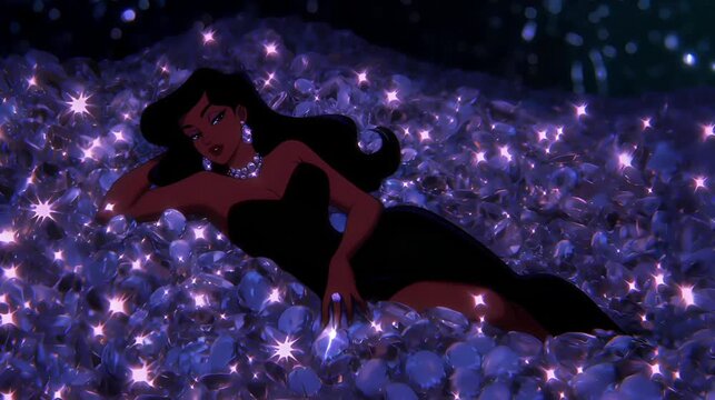 Animated glamorous woman in a black evening dress lying among sparkling diamonds, then gazing at her ring, creating a luxurious fantasy video scene with glittering gems and elegant rich lifestyle mood