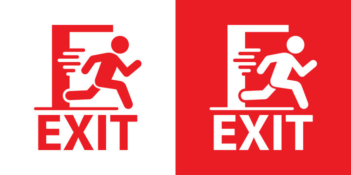 Emergency exit sign with fast movement graphic. Features text "EXIT" and a stylized human figure running through a door. Bold red vector design on white and red background, for fire safety.