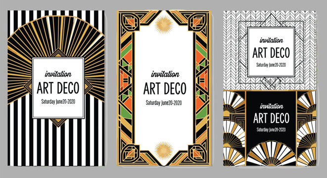 Art Deco invitation card design set, geometric gold black green patterns, elegant decorative border motif, vintage 1920s style celebration, flat vector illustration