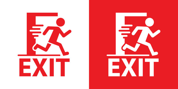 Emergency exit sign with fast movement graphic. Features text "EXIT" and a stylized human figure running through a door. Bold red vector design on white and red background, for fire safety.