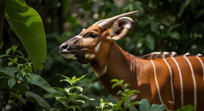 Bongo Striped Alert Freeze Low Foliage Angle Dense African Rainforest Understory Rare Antelope Hidden Ears Raised

