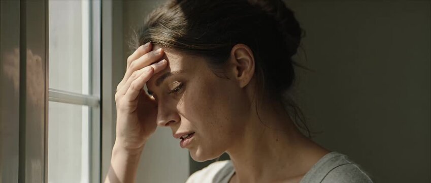Tired woman stress sad female worried person mental health anxiety problem depression concept loneliness emotion headache pain home interior window light adult brunette migraine fatigue burnout alone