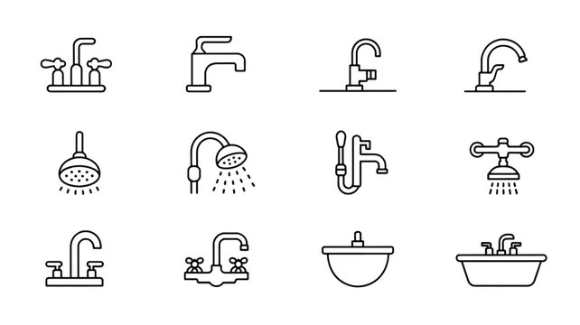 Black and white icons of various bathroom faucets and sinks are shown