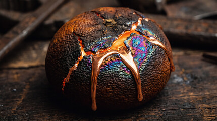 Obraz premium A cracked and melted metal ball with a rainbow-colored surface sits on a rusty surface