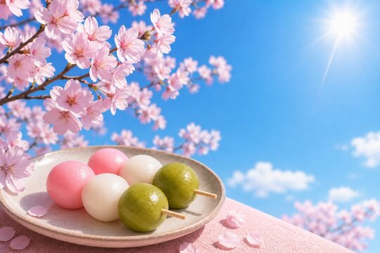 Hanami Dango with Cherry Blossoms Under Clear Spring Sky and Sun